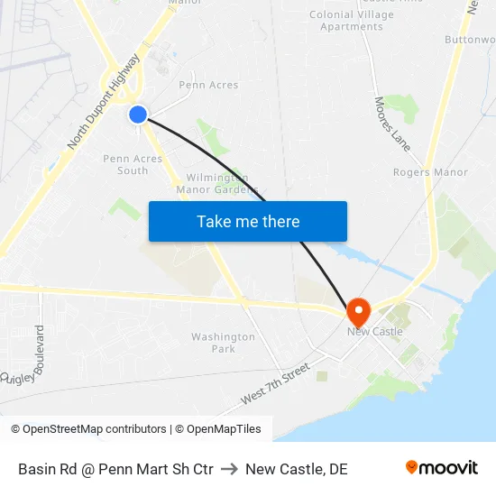 Basin Rd @ Penn Mart Sh Ctr to New Castle, DE map