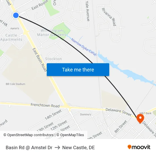 Basin Rd @ Amstel Dr to New Castle, DE map