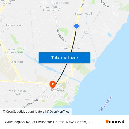 Wilmington Rd @ Holcomb Ln to New Castle, DE map