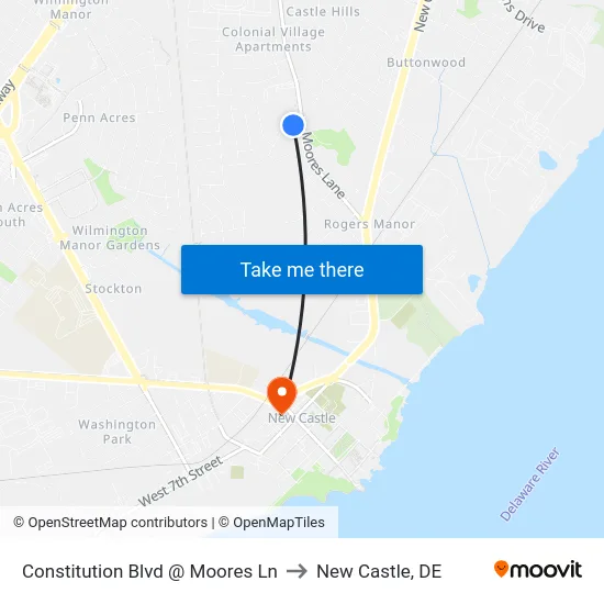 Constitution Blvd @ Moores Ln to New Castle, DE map