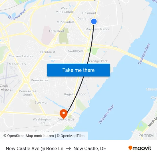 New Castle Ave @ Rose Ln to New Castle, DE map