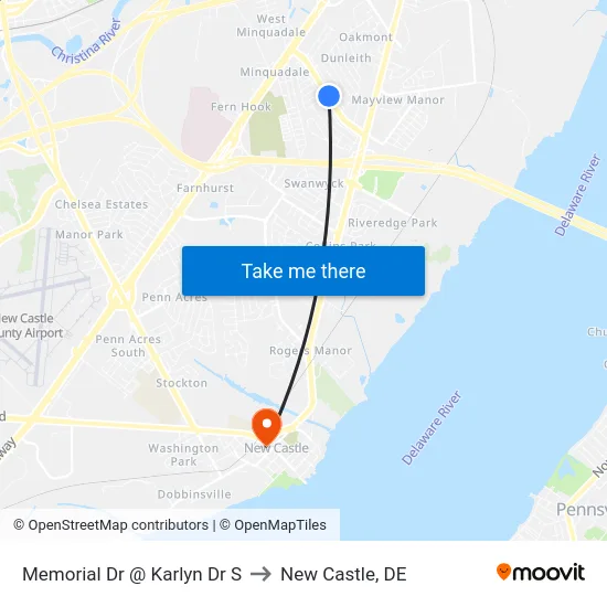 Memorial Dr @ Karlyn Dr S to New Castle, DE map