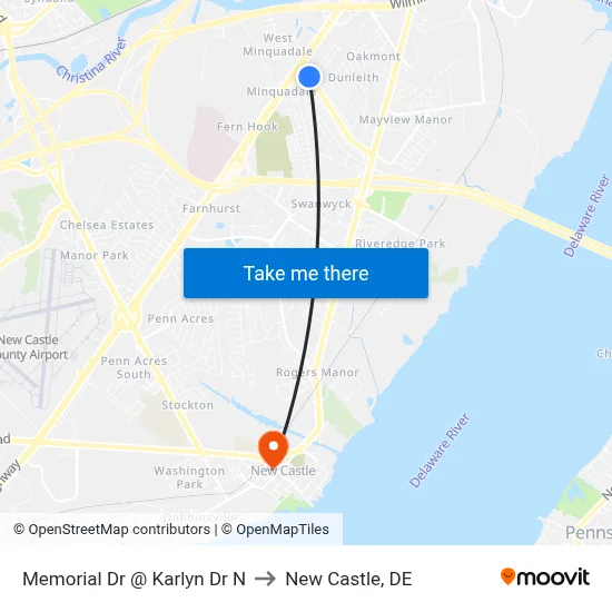 Memorial Dr @ Karlyn Dr N to New Castle, DE map
