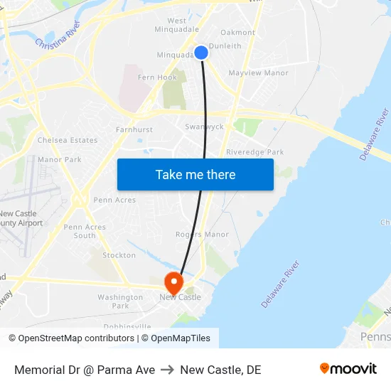 Memorial Dr @ Parma Ave to New Castle, DE map