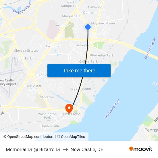 Memorial Dr @ Bizarre Dr to New Castle, DE map