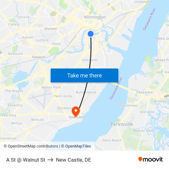 A St @ Walnut St to New Castle, DE map
