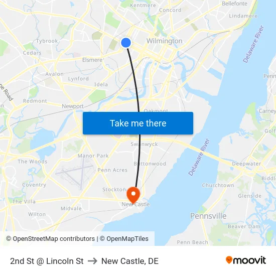 2nd St @ Lincoln St to New Castle, DE map