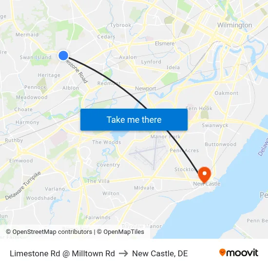 Limestone Rd @ Milltown Rd to New Castle, DE map