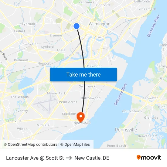 Lancaster Ave @ Scott St to New Castle, DE map
