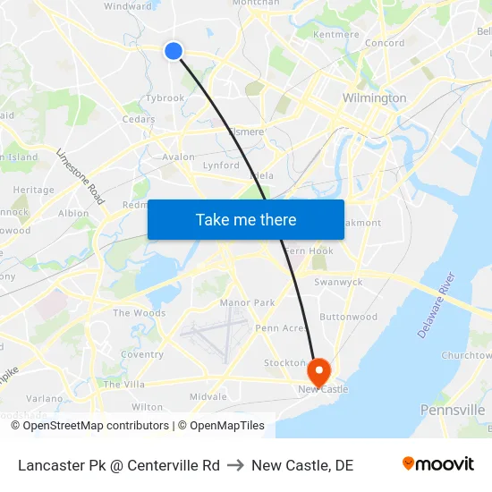 Lancaster Pk @ Centerville Rd to New Castle, DE map