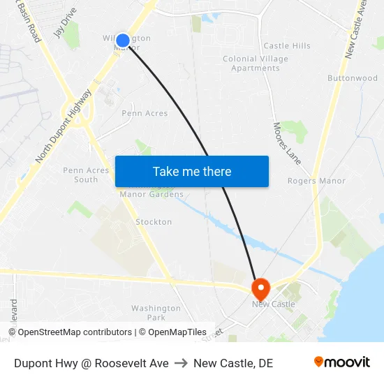 Dupont Hwy @ Roosevelt Ave to New Castle, DE map