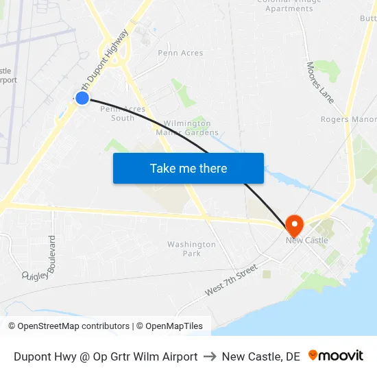 Dupont Hwy @ Op Grtr Wilm Airport to New Castle, DE map