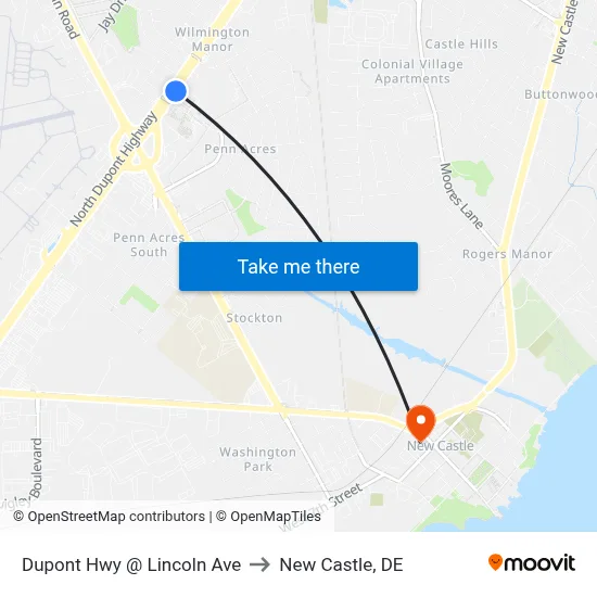 Dupont Hwy @ Lincoln Ave to New Castle, DE map