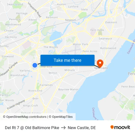 Del Rt 7 @ Old Baltimore Pike to New Castle, DE map