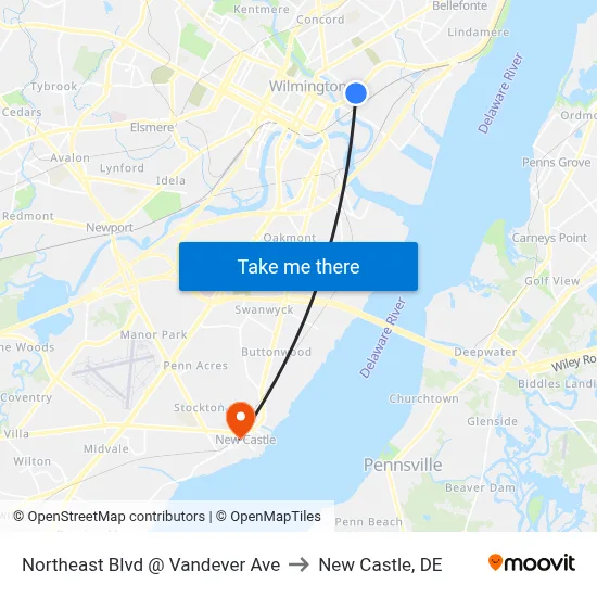 Northeast Blvd @ Vandever Ave to New Castle, DE map