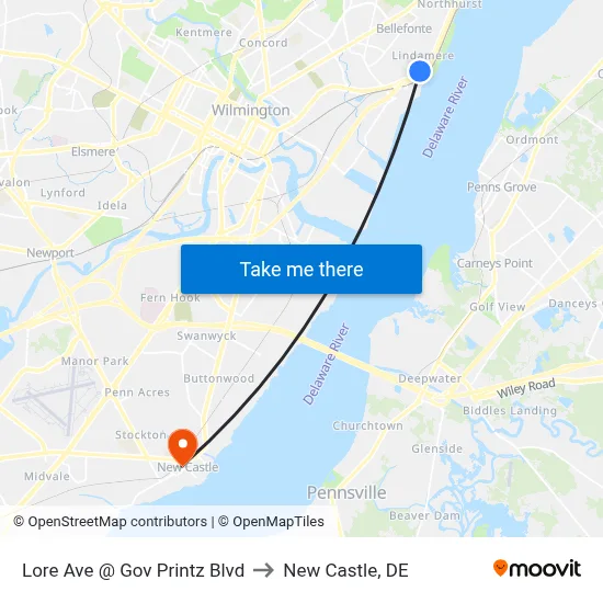 Lore Ave @ Gov Printz Blvd to New Castle, DE map