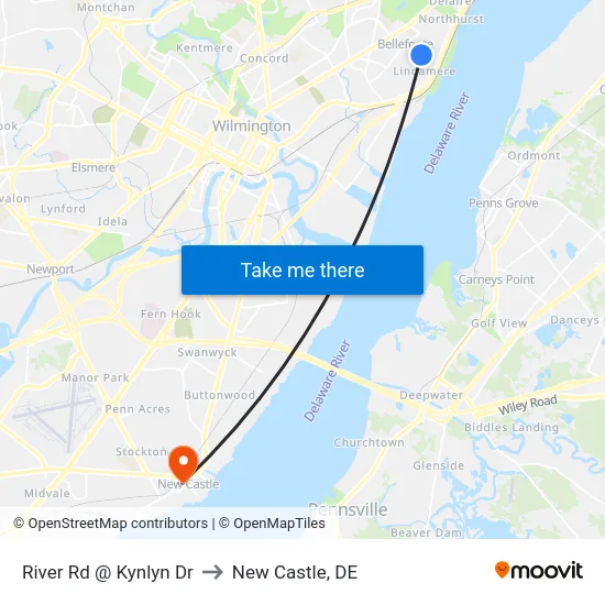 River Rd @ Kynlyn Dr to New Castle, DE map