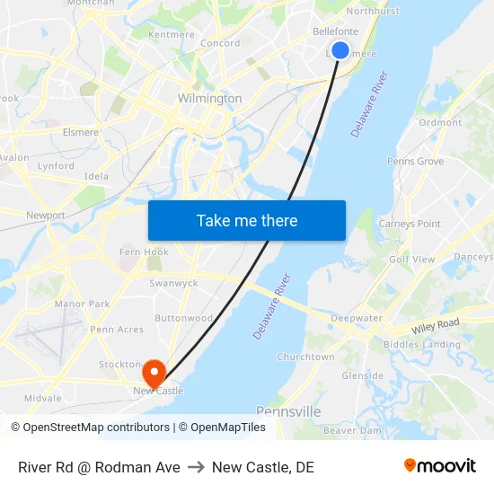 River Rd @ Rodman Ave to New Castle, DE map