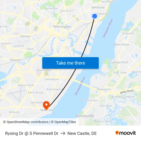 Rysing Dr @ S Pennewell Dr to New Castle, DE map