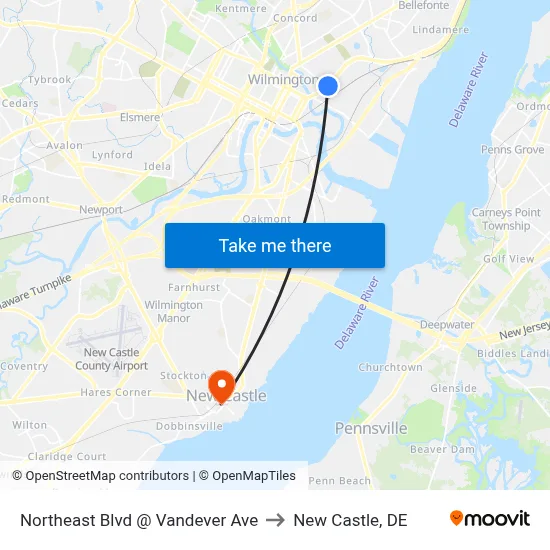 Northeast Blvd @ Vandever Ave to New Castle, DE map