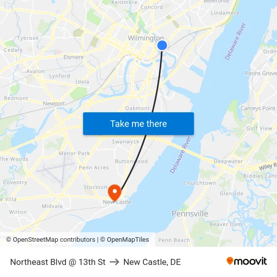 Northeast Blvd @ 13th St to New Castle, DE map