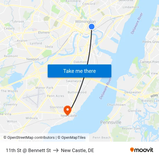 11th St @ Bennett St to New Castle, DE map
