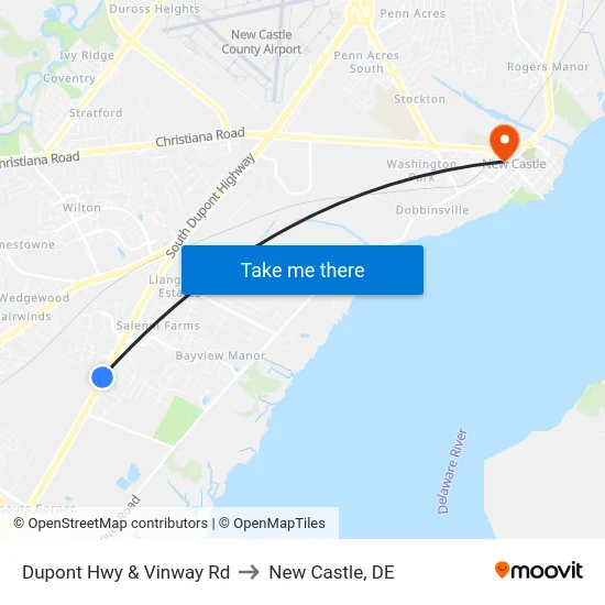 Dupont Hwy & Vinway Rd to New Castle, DE map