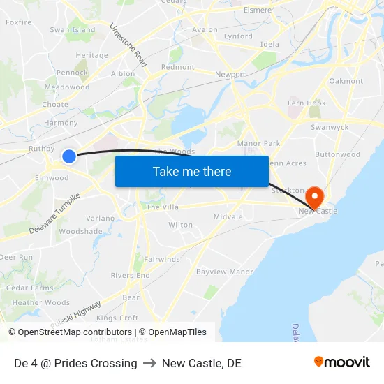 De 4 @ Prides Crossing to New Castle, DE map