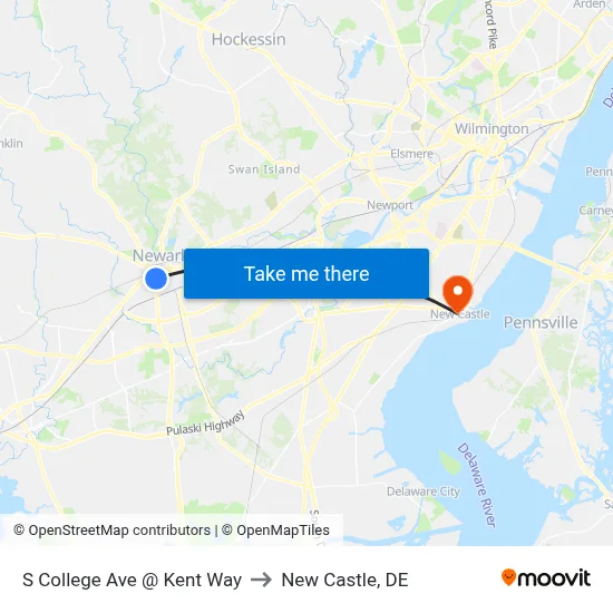 S College Ave @ Kent Way to New Castle, DE map