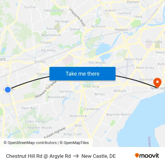 Chestnut Hill Rd @ Argyle Rd to New Castle, DE map