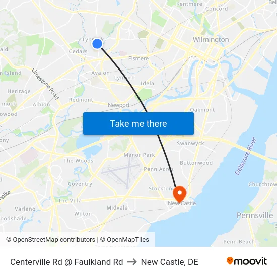 Centerville Rd @ Faulkland Rd to New Castle, DE map