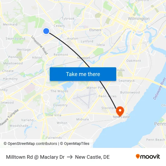 Milltown Rd @ Maclary Dr to New Castle, DE map