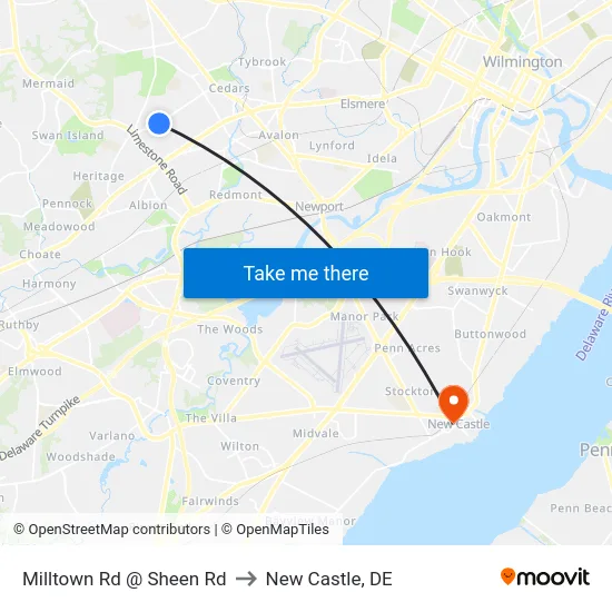 Milltown Rd @ Sheen Rd to New Castle, DE map