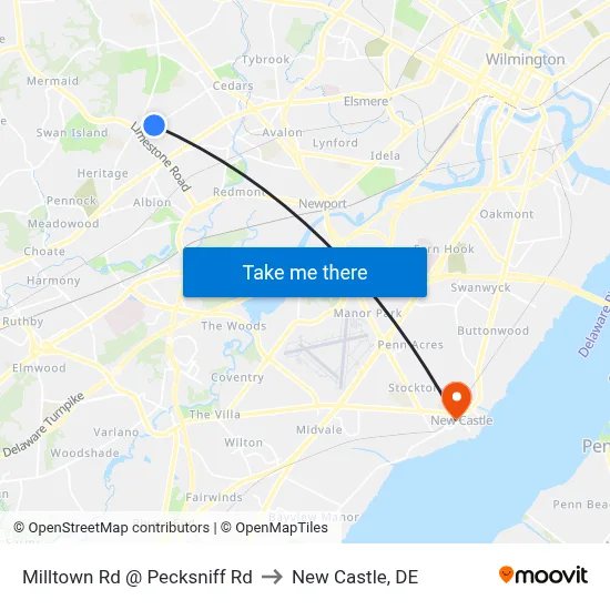 Milltown Rd @ Pecksniff Rd to New Castle, DE map