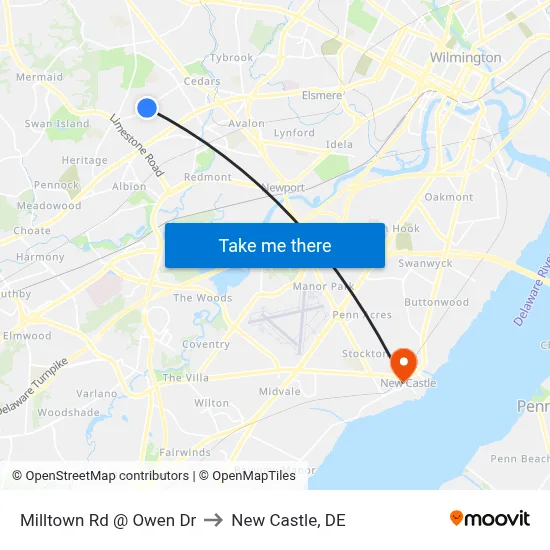 Milltown Rd @ Owen Dr to New Castle, DE map
