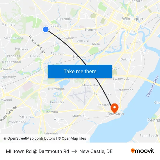 Milltown Rd @ Dartmouth Rd to New Castle, DE map