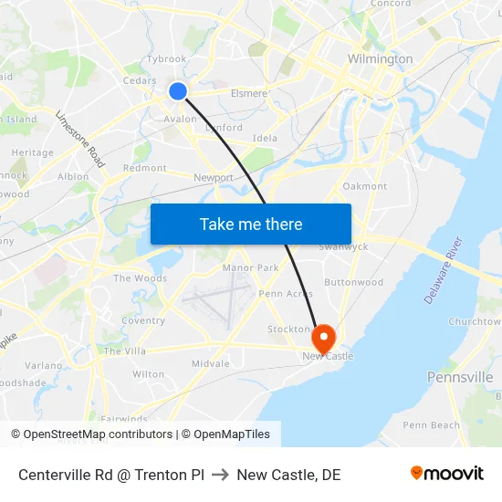 Centerville Rd @ Trenton Pl to New Castle, DE map