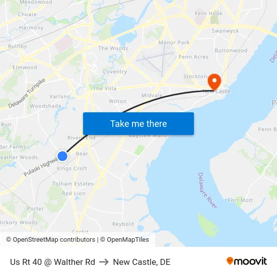 Us Rt 40 @ Walther Rd to New Castle, DE map