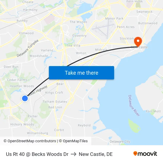 Us Rt 40 @ Becks Woods Dr to New Castle, DE map