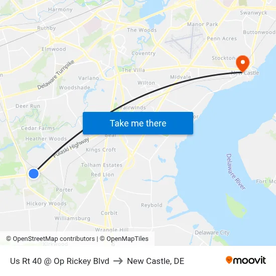 Us Rt 40 @ Op Rickey Blvd to New Castle, DE map