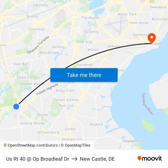 Us Rt 40 @ Op Broadleaf Dr to New Castle, DE map