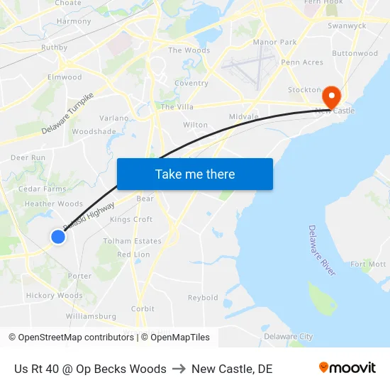 Us Rt 40 @ Op Becks Woods to New Castle, DE map