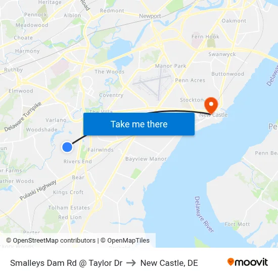 Smalleys Dam Rd @ Taylor Dr to New Castle, DE map
