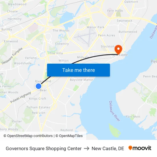 Governors Square Shopping Center to New Castle, DE map