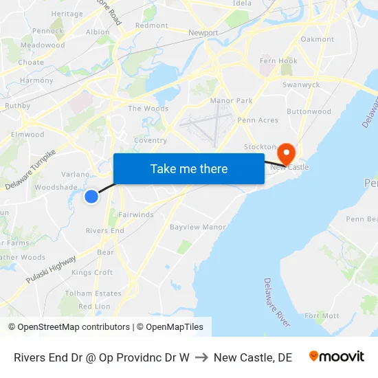 Rivers End Dr @ Op Providnc Dr W to New Castle, DE map