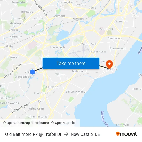 Old Baltimore Pk @ Trefoil Dr to New Castle, DE map