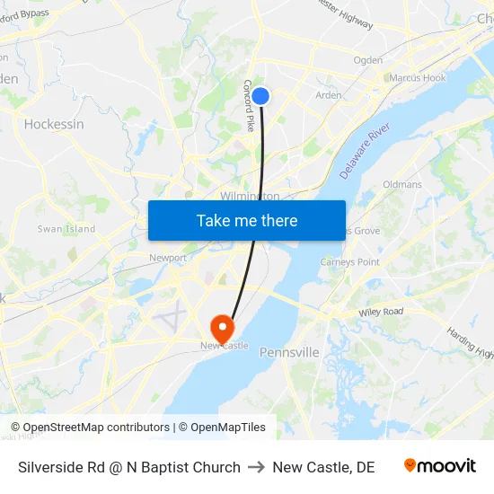 Silverside Rd @ N Baptist Church to New Castle, DE map