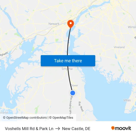 Voshells Mill Rd & Park Ln to New Castle, DE map