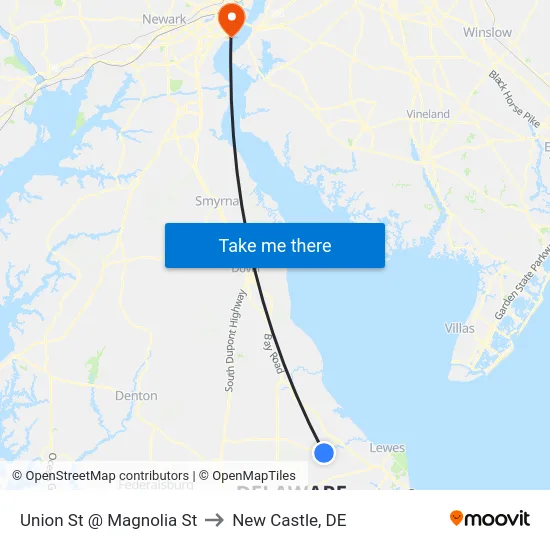 Union St @ Magnolia St to New Castle, DE map