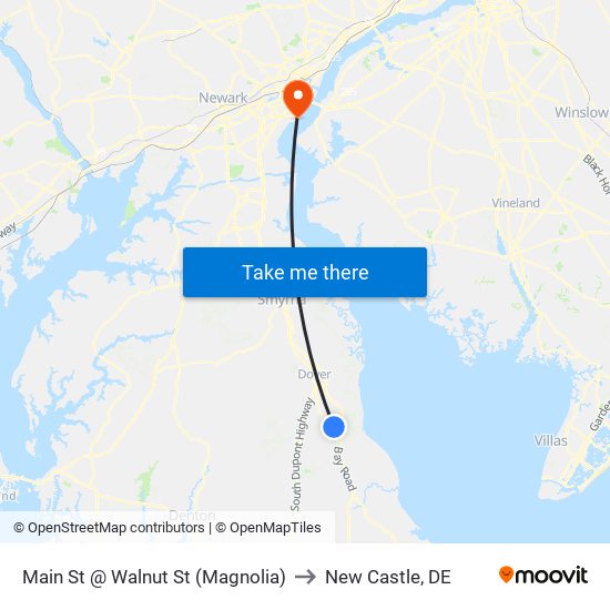 Main St @ Walnut St (Magnolia) to New Castle, DE map